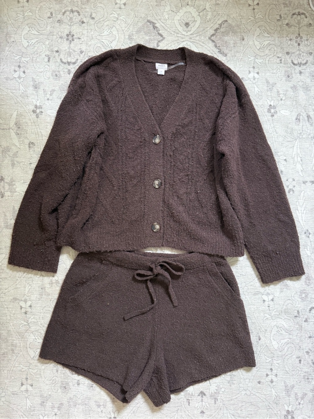 Auden Brown V-Neck Button Cardigan with Knit Shorts